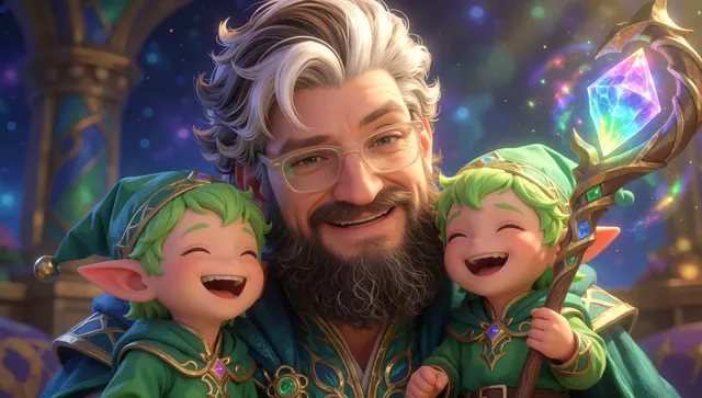 The helper guide hugging two happy elf helpers
